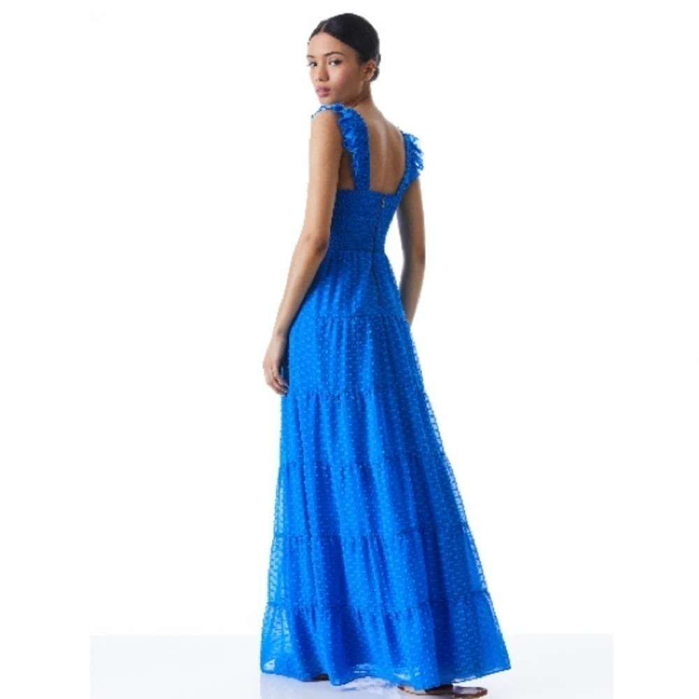 Alice+Olivia KIZZIE SMOCKED FLUTTER SLEEVE TIERED MAXI DRESS SZ 2 Blue Feminine - Picture 4 of 16